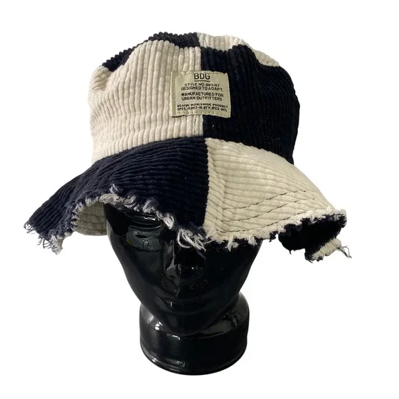 BDG Urban Outfitters Corduroy Patchwork Bucket Hat Black Cream Distressed - Picture 1 of 11